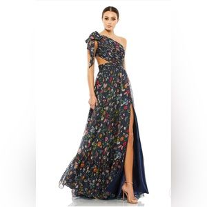 Macduggal dress - TIED ONE SHOULDER CUT-OUT FLOWY GOWN - COLOR — Navy/Multi.